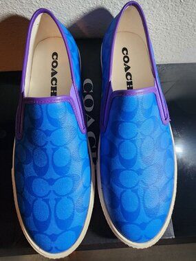 Coach Men’s 13D Royal Blue Signature Canvas Purple Trim Slip-On Sneakers